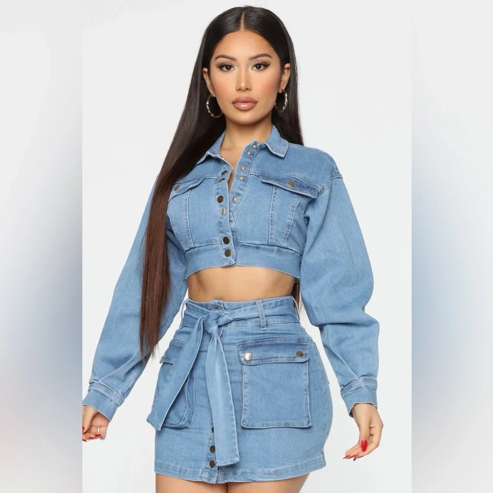Stylish Blue Denim Crop Jacket and Skirt Set